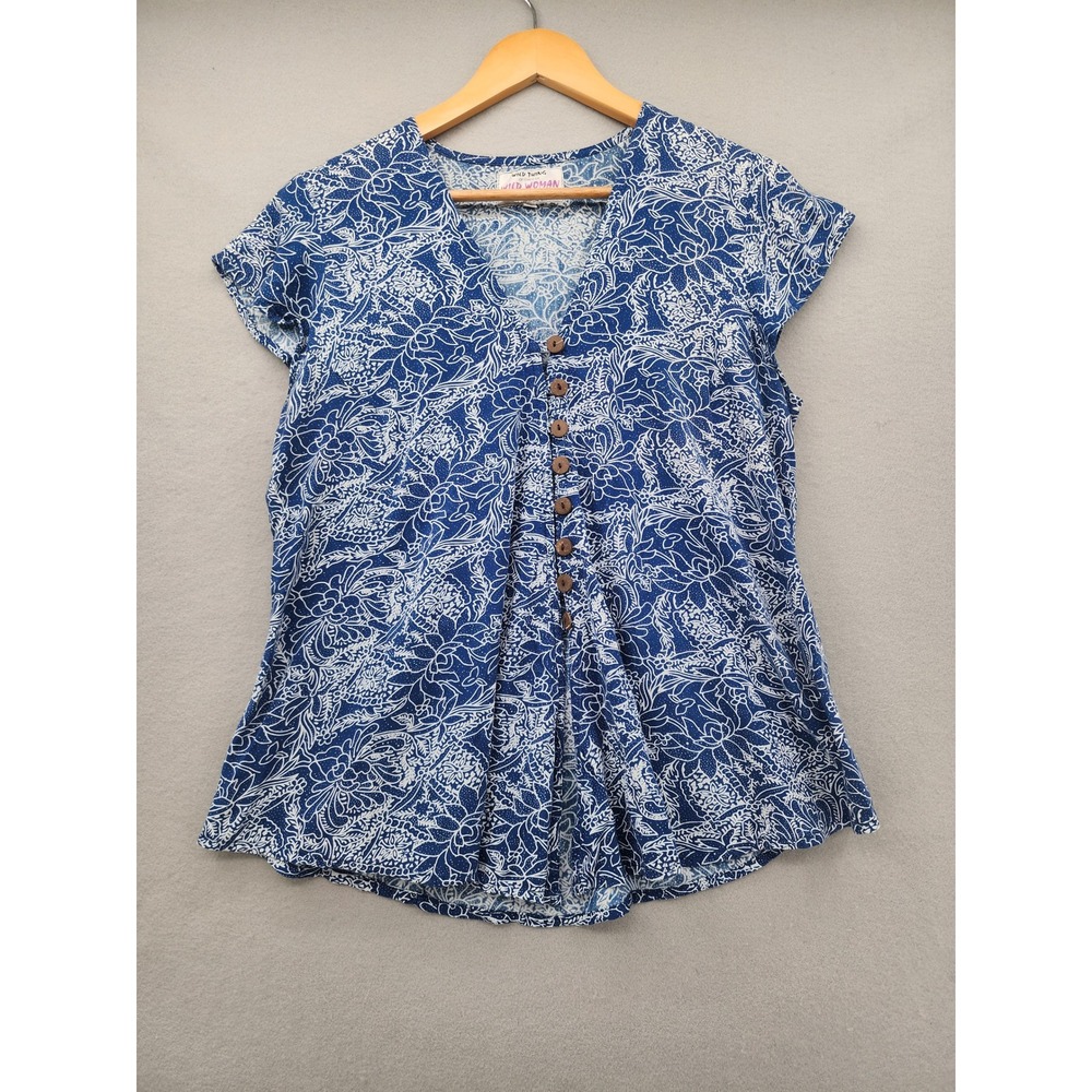 Wild Woman Wild Thing Blue Floral Rayon Boho Button Front Blouse‎ Top M/L